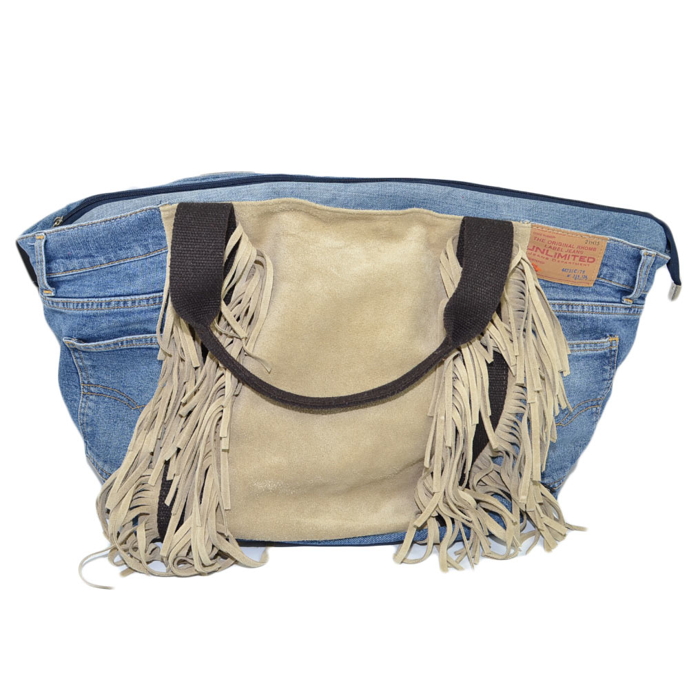 Borsa a braccio donna in jeans vintage e vera pelle scamosciata beige con frange XL moda capiente zip scompartimenti
