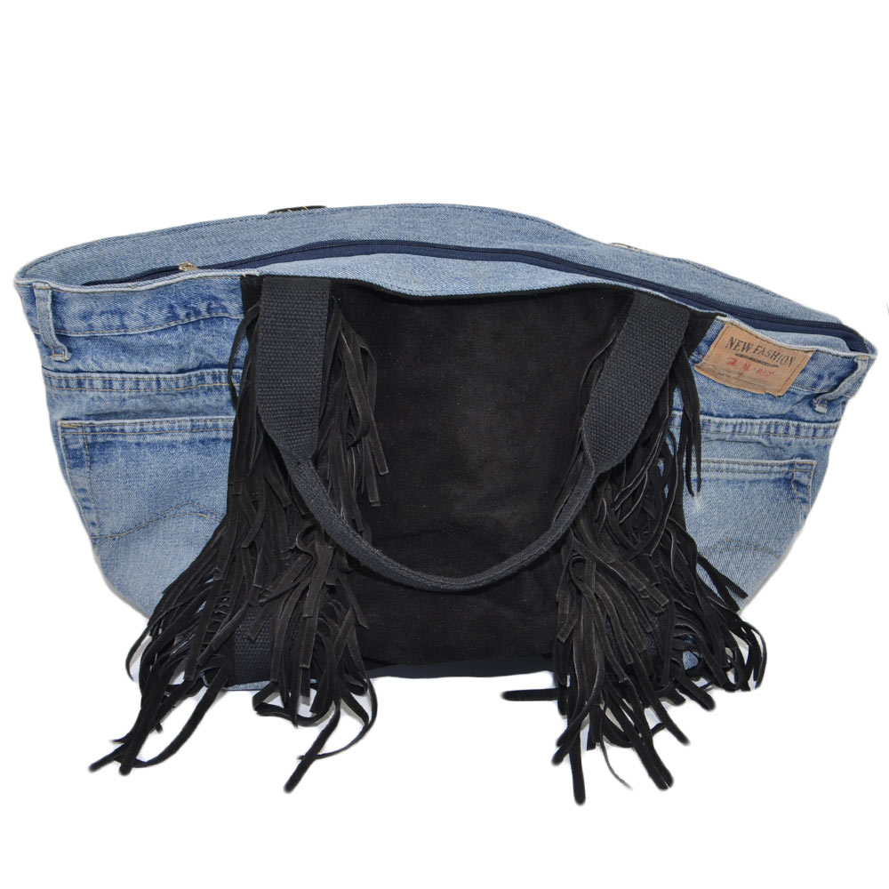 Borsa a braccio donna in jeans vintage e vera pelle scamosciata nero con frange xl moda capiente zip scompartimenti