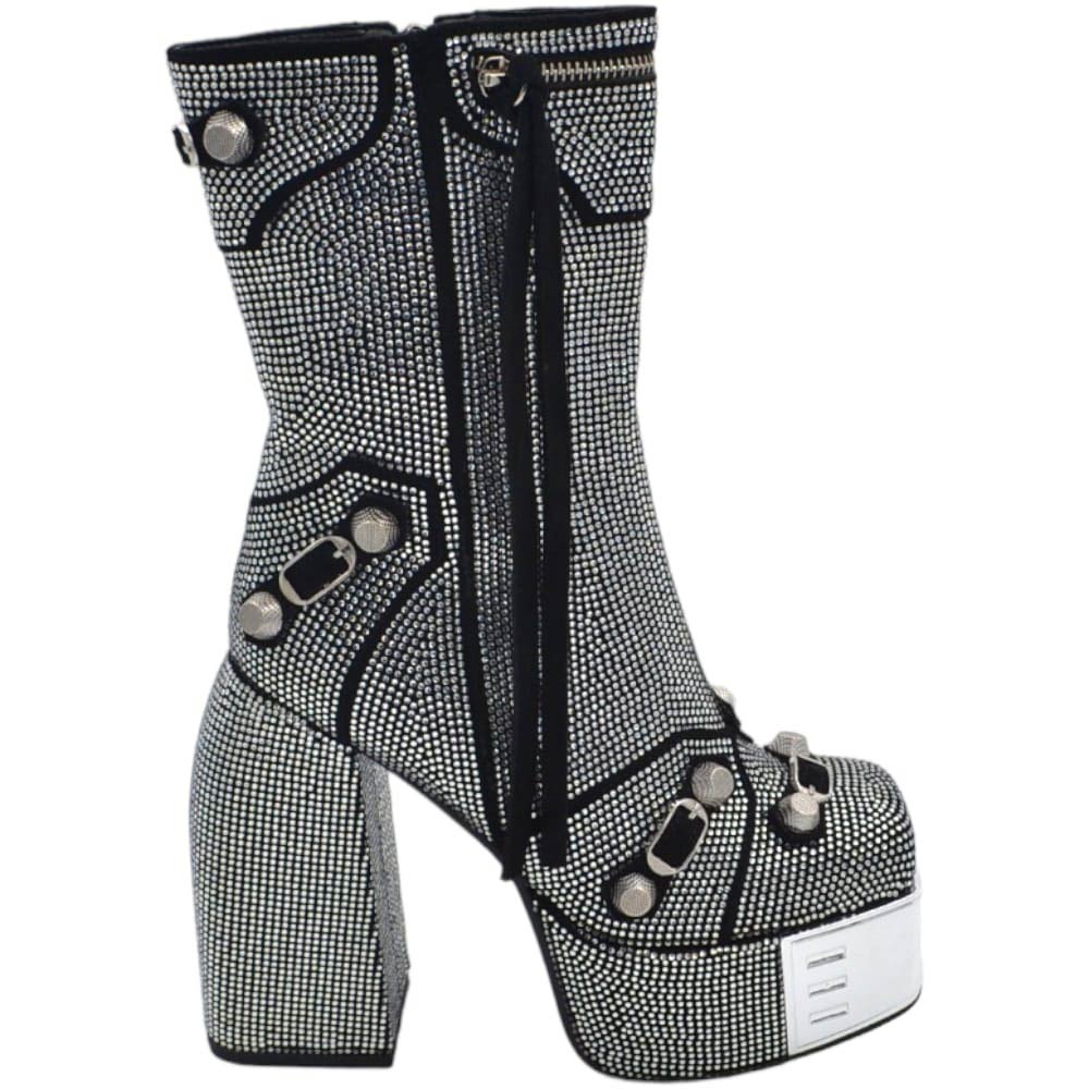 Tronchetto donna stivaletto alto tacco grosso 15 cm plateau 5 cm brillantini borchie argento in punta quadrata poledance