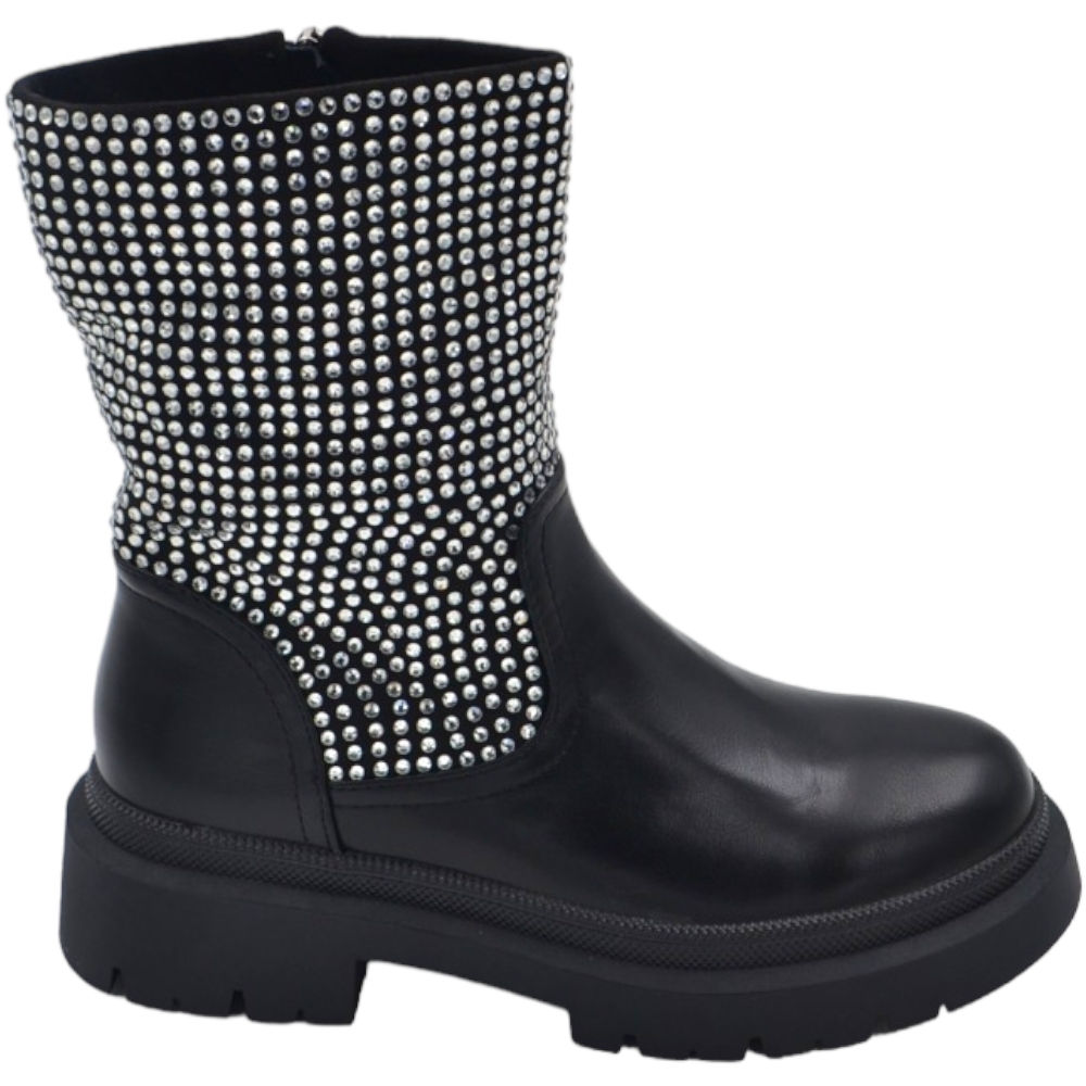 Scarpa stivaletto biker da donna nero con brillantini grandi argento scintillante fondo alto combat nero zip .