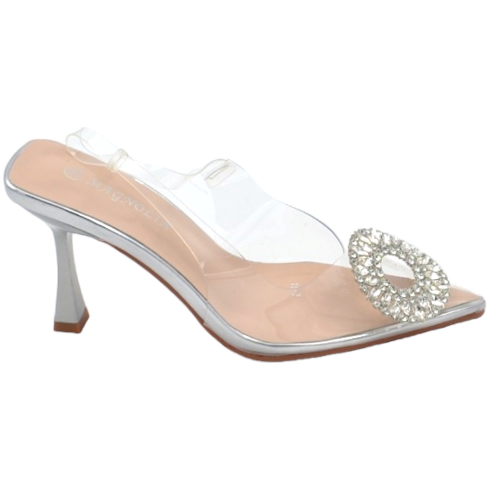 Decollete scarpa donna a punta trasparente con spilla gioiello fiore brillantini argento tacco spillo 9  evento glamour.