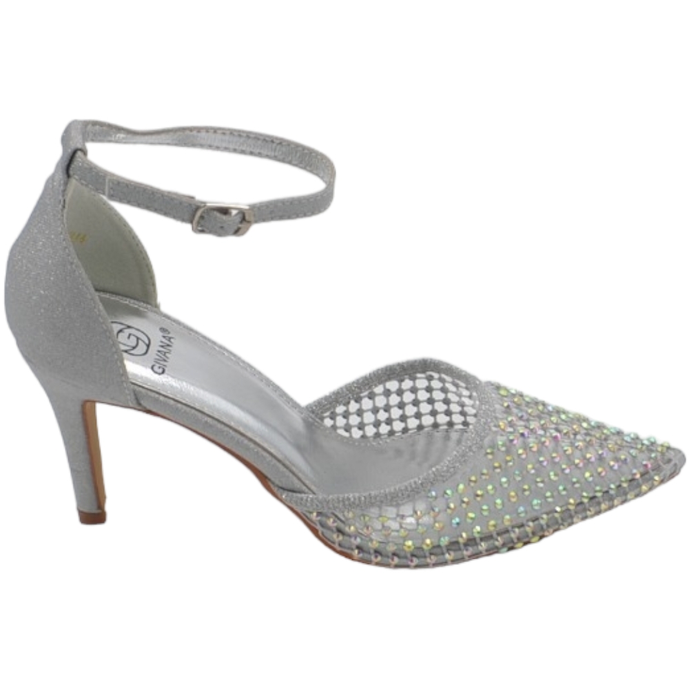 Scarpe decollete donna elegante argento punta rete trasparente brillantini  tacco 10 cm cinturino  caviglia evento.