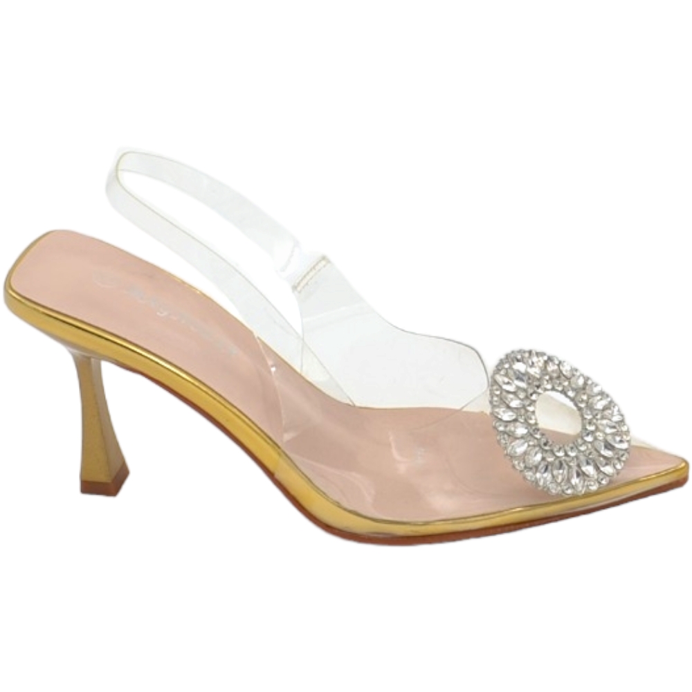 Decollete scarpa donna a punta trasparente con spilla gioiello fiore brillantini argento tacco spillo 9 oro evento glam