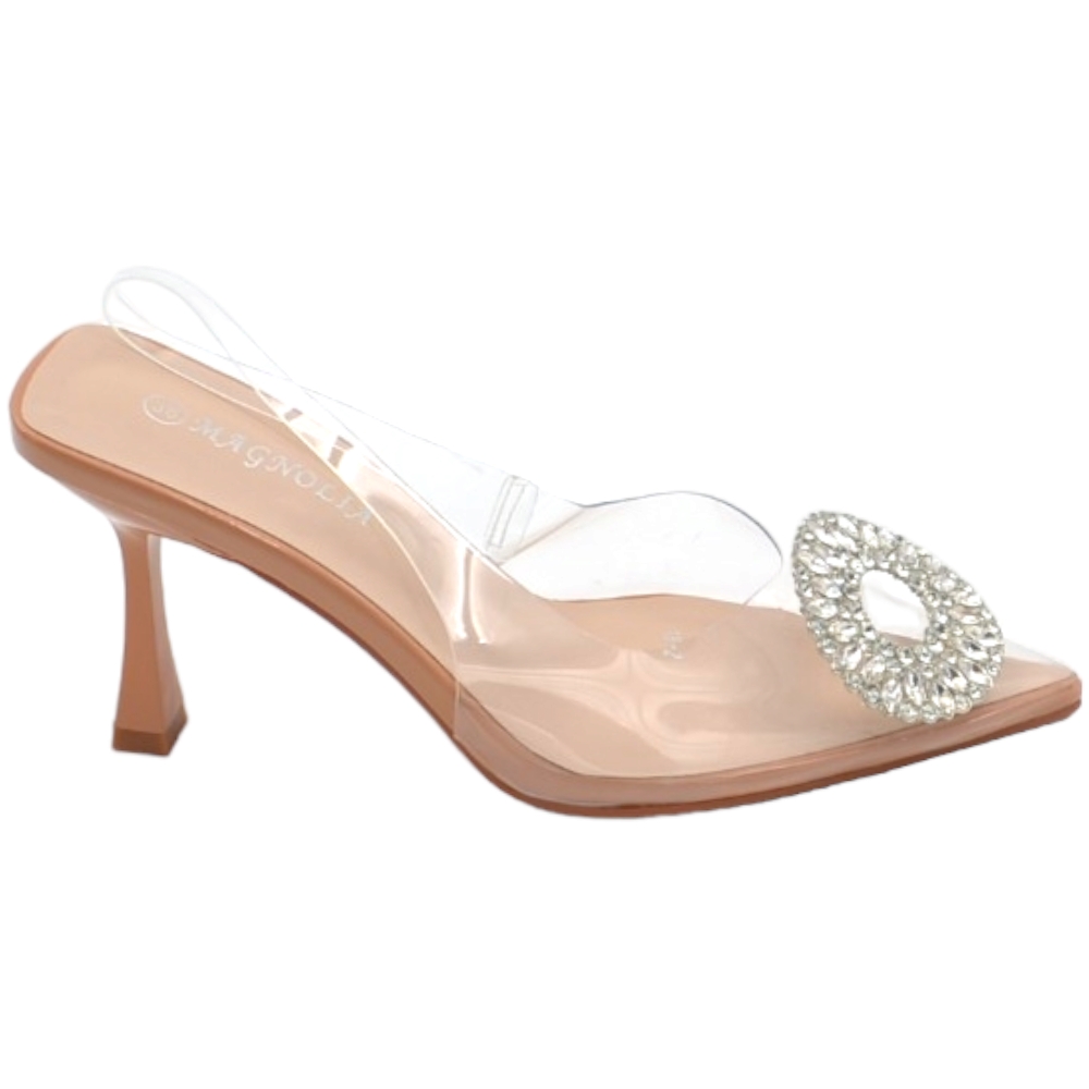 Decollete scarpa donna a punta trasparente con spilla gioiello fiore brillantini argento tacco spillo 9 nude evento glam.