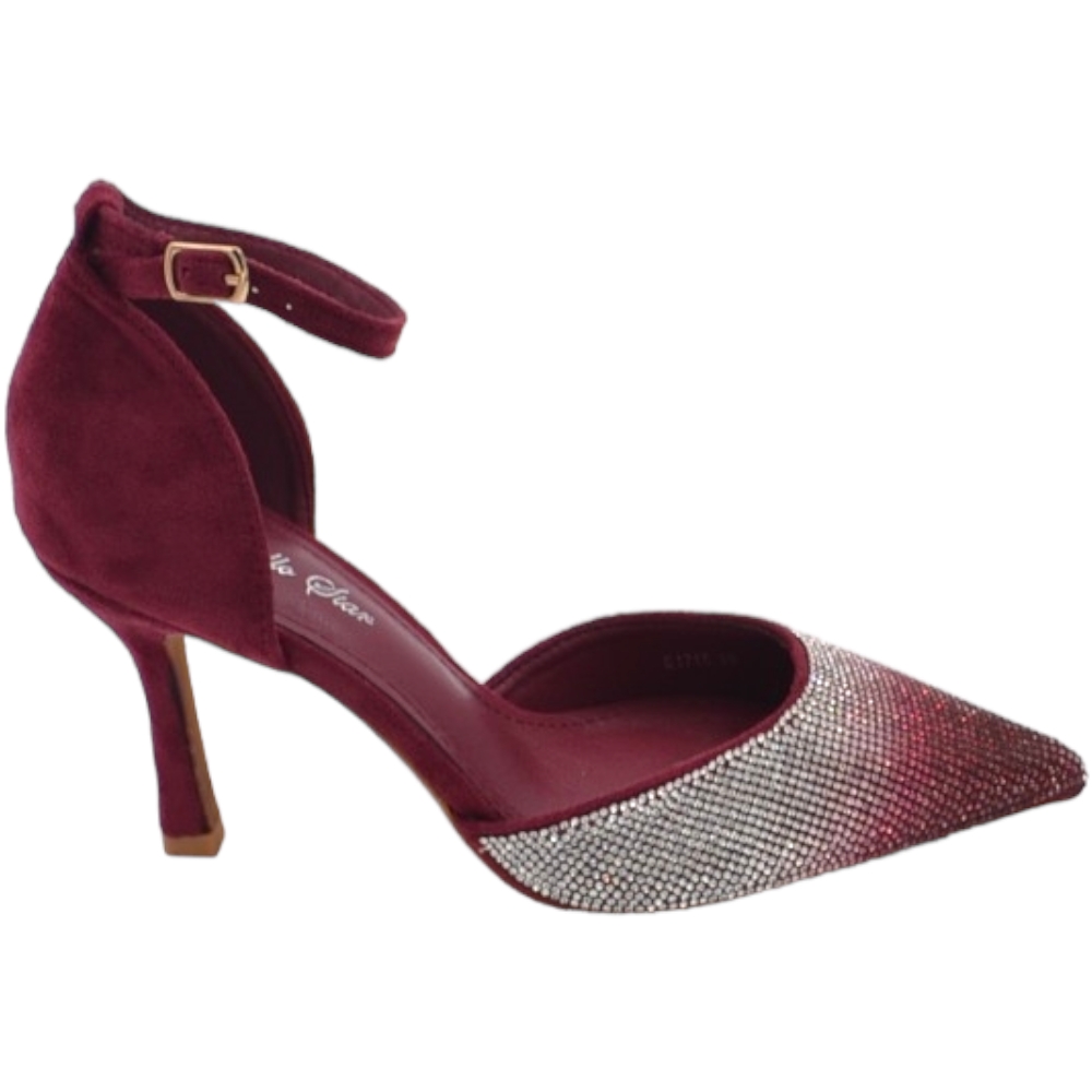 Scarpe decollete donna elegante punta glitter degrade' bordeaux argento tacco 10 cm cinturino alla caviglia maryjane.