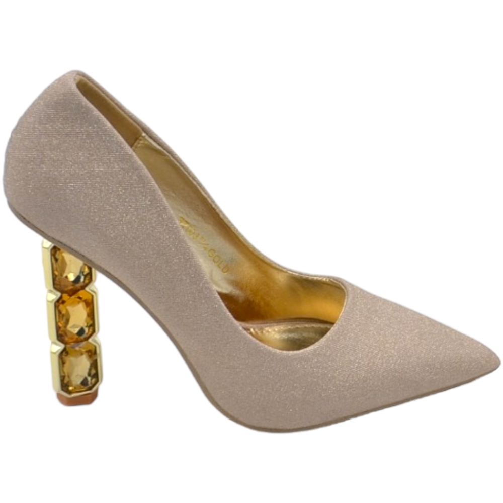 Decollete a punta donna scarpa elegante glitter champagne oro platino con tacco gioiello triangolare 10 cm.
