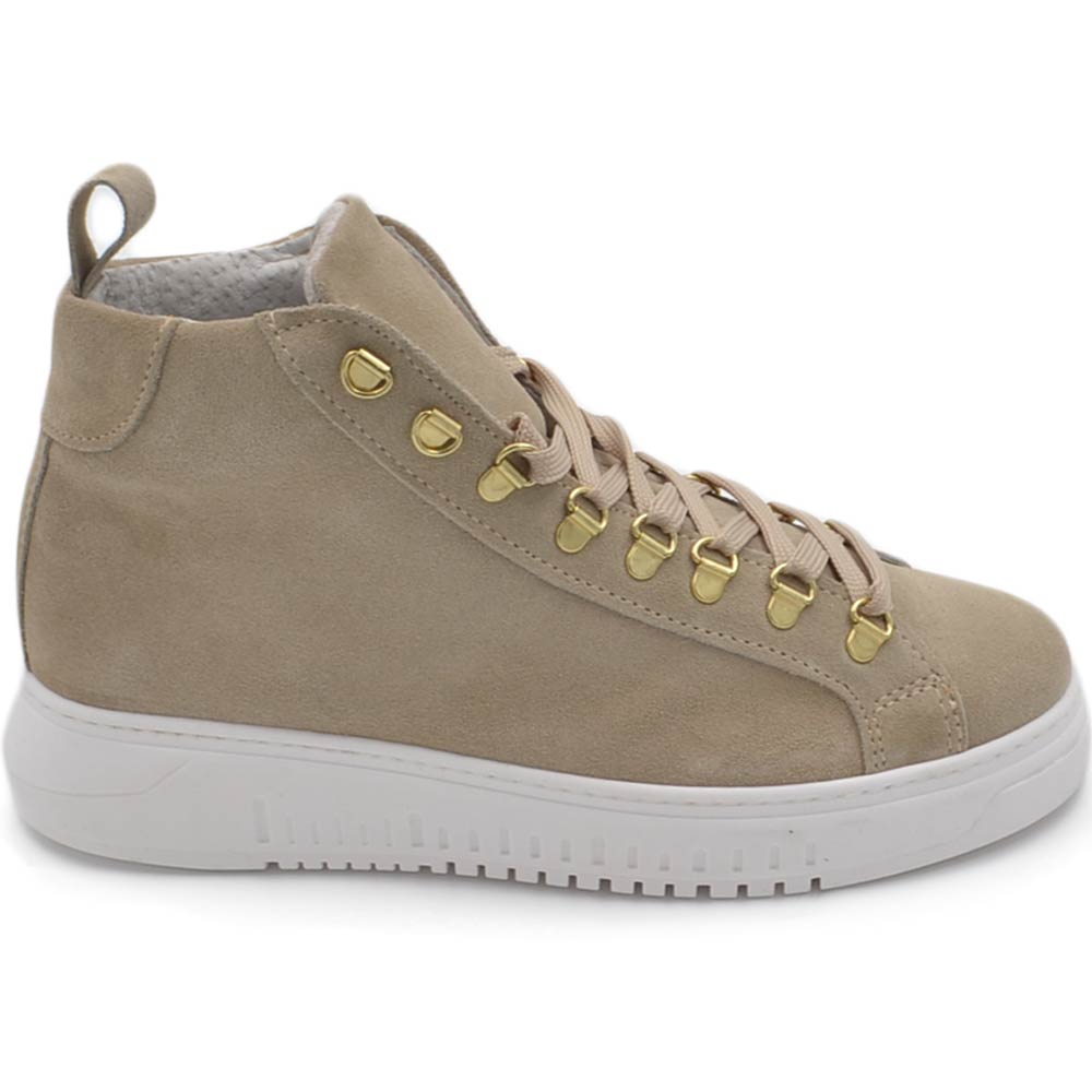 Scarpa sneakers alta uomo stivaletto beige in vera pelle camoscio ganci oro fondo army bianco alto comodo street