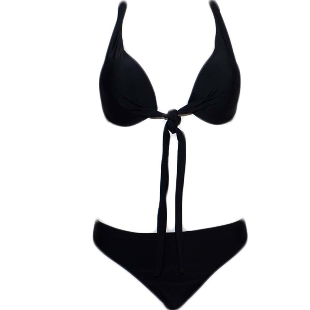 Costume da bagno nero donna bikini swimwear con slip Basic e top bralette regolabile che si allaccia davanti moda 