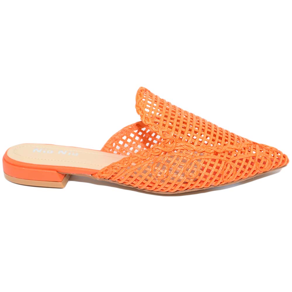Pantofoline donna arancione a punta tallone scoperto sabot intrecciata effetto uncinetto forata moda