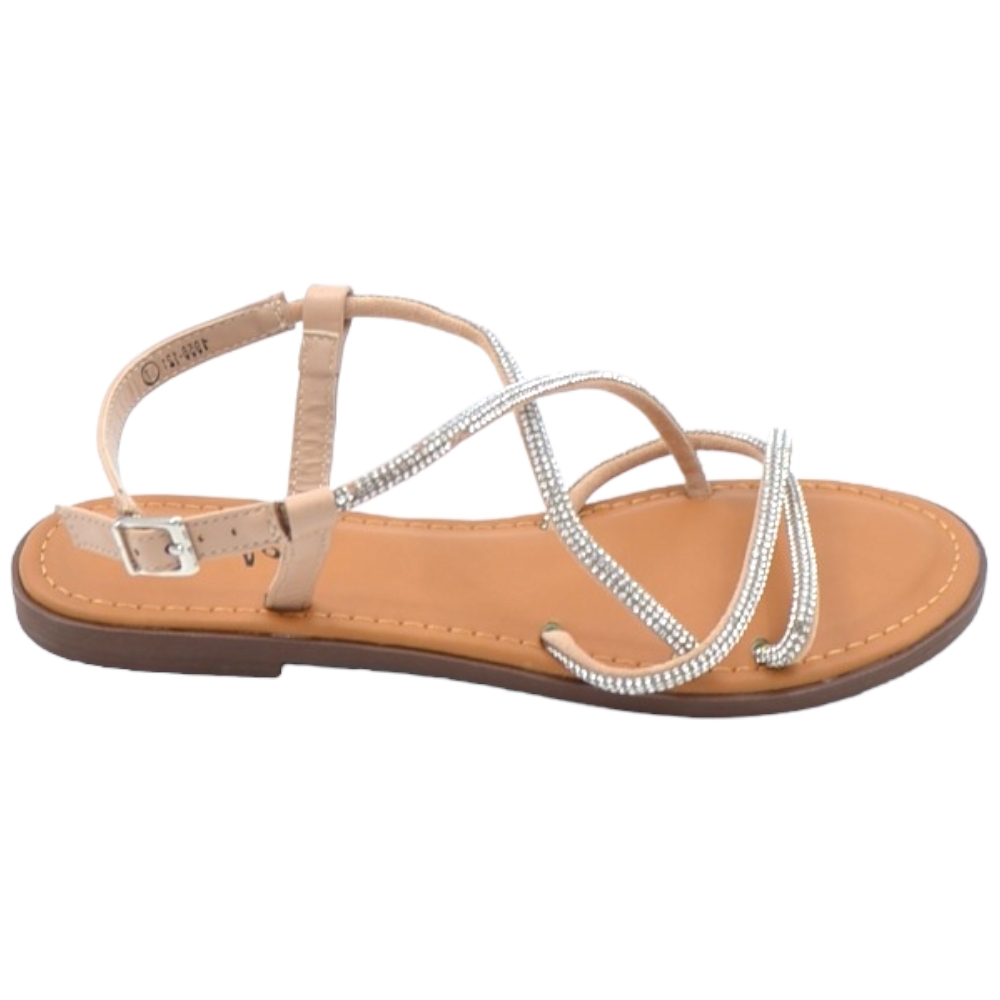 Sandalo gioiello basso donna beige raso terra fascette incrociate brillantini chiusura caviglia regolabile antiscivolo
