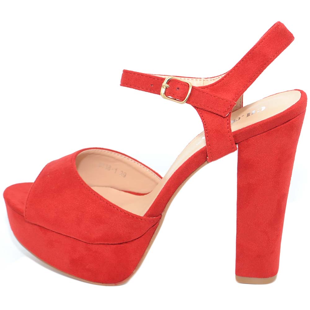 Sandalo donna rosso in camoscio tacco largo alto 13 cm plateau 4 cm cinturino alla caviglia linea basic moda tendenza