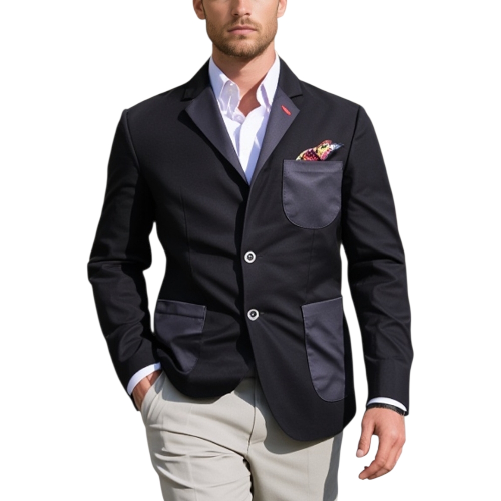 Giacca uomo sartoriale nero elegante con pochette da taschino stile casual slim fit