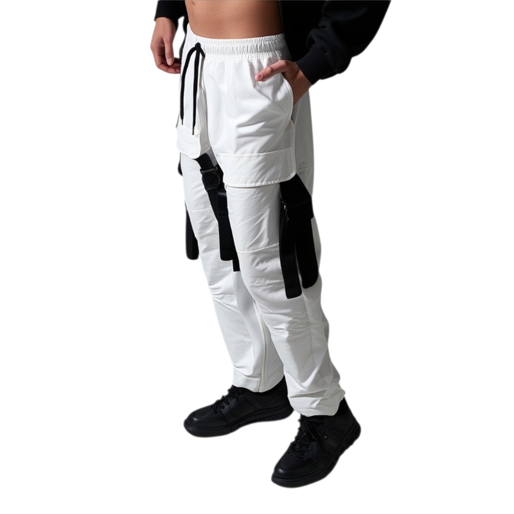 Pantaloni tuta cargo uomo bianco con tasconi laterali con laccio in vita comodo casual moda militare.