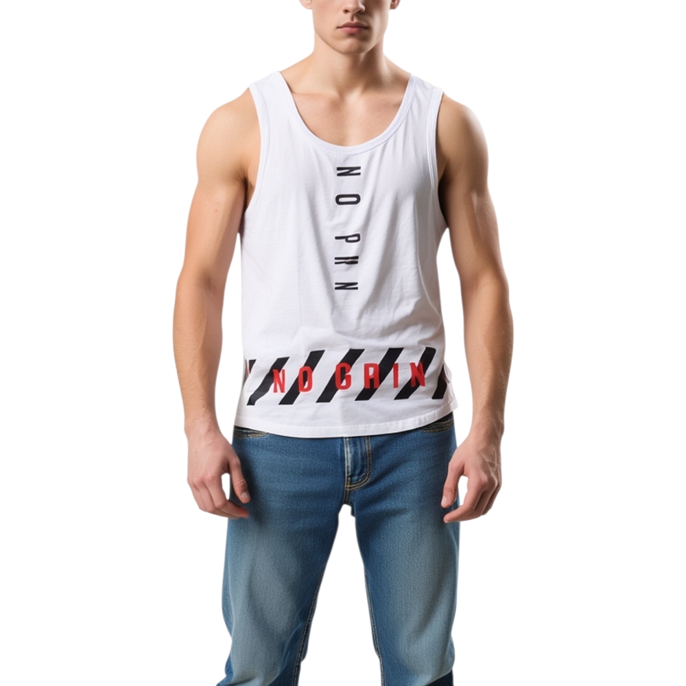 Canotta uomo stampa scritta no pain no gain girocollo giromanica bianca moda street uomo mare