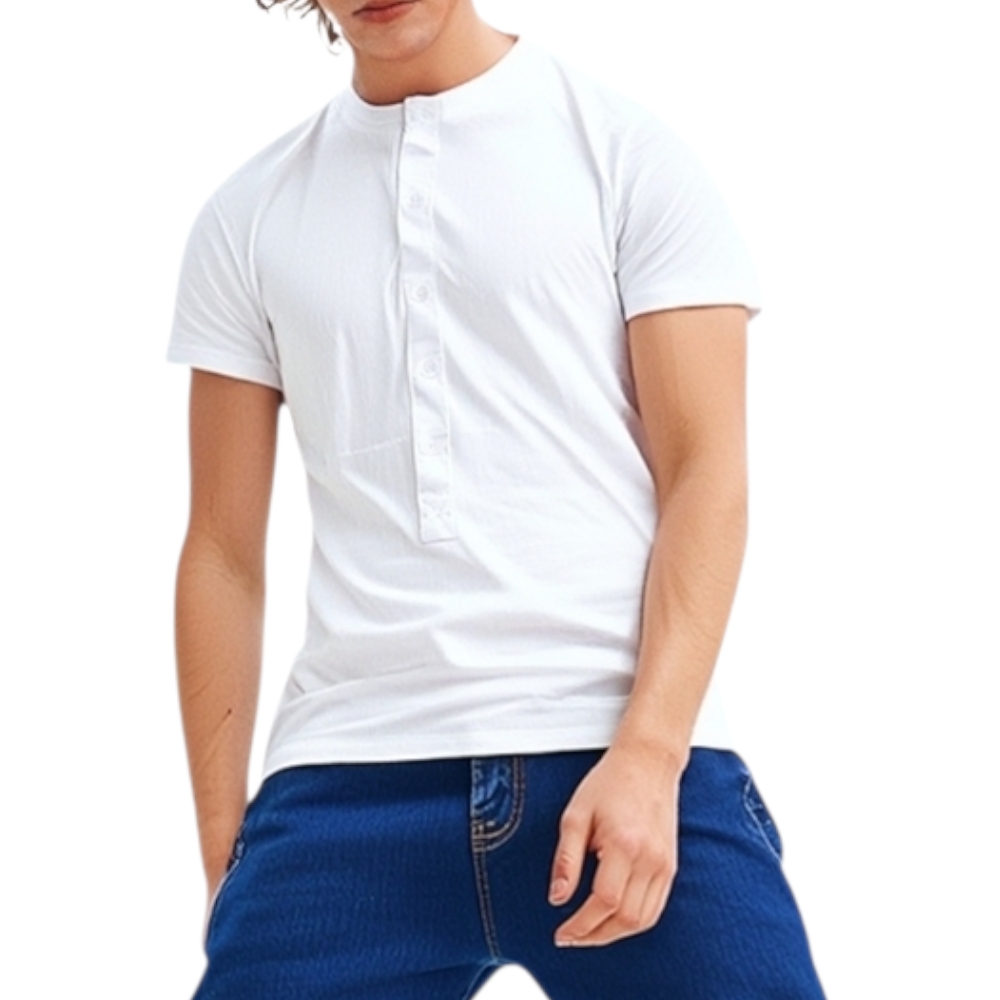 T-Shirt Maglia Maniche Corte Uomo Bianca Scollo con Bottoni Tinta Unita Cotone Linea Basic Sim Fit.