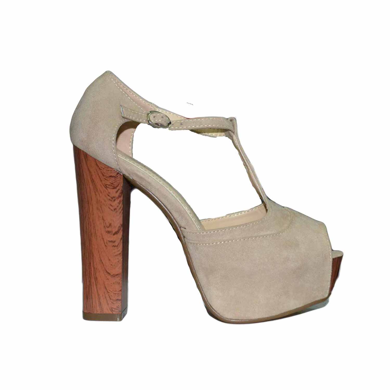 Scarpe donna Jeff  tacco legno doppio camoscio beige cinturino glamour 