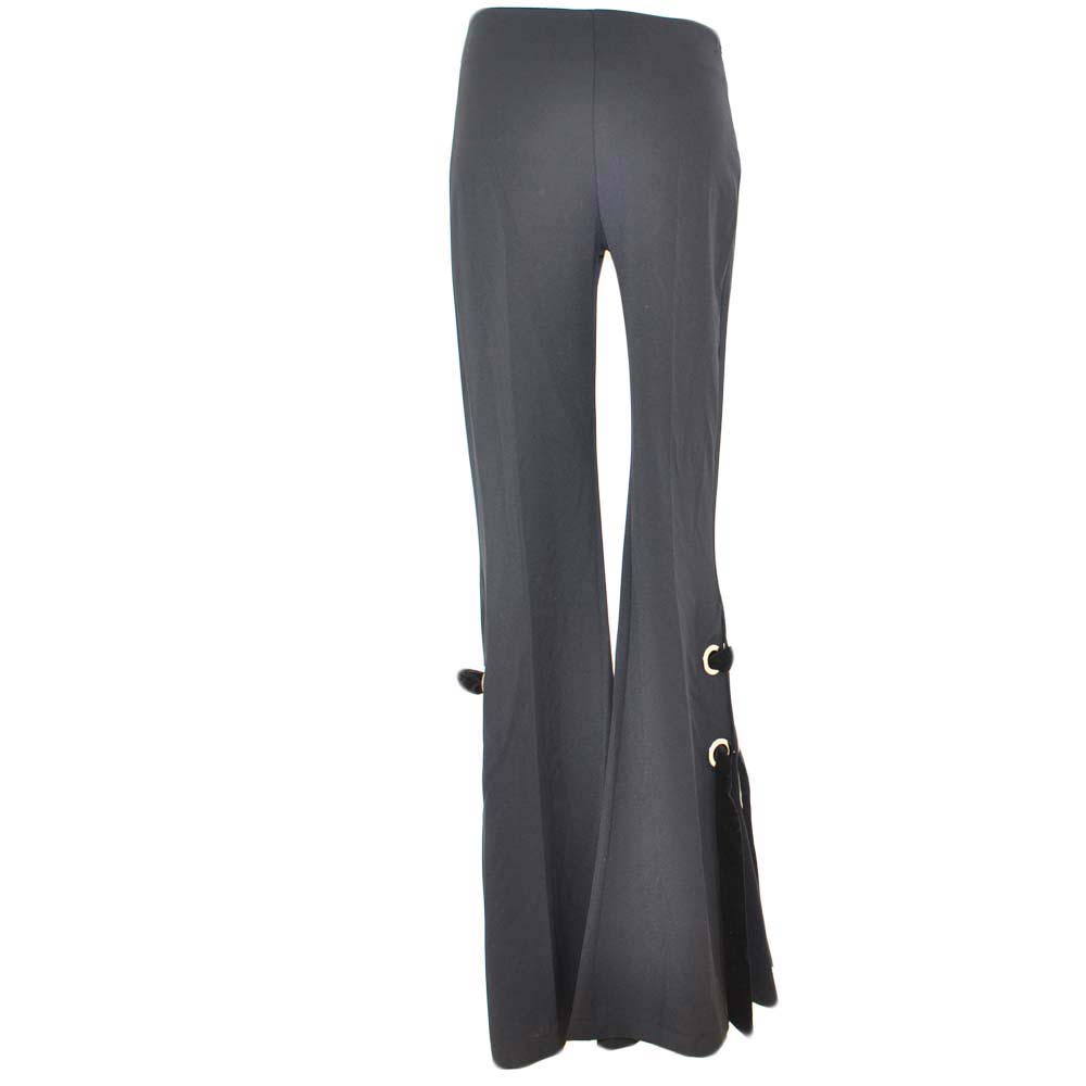 Pantaloni donna a zampa neri flare intreccio di nastro e occhielli a vita alta di cotone aderente  slim fit elastico
