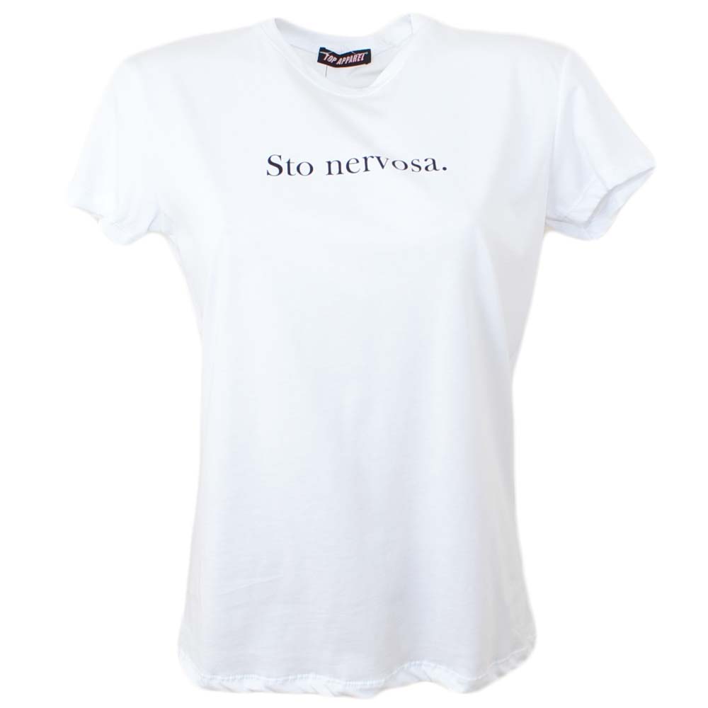 T-shirt donna basic bianca modello slim bianca con scritta STO NERVOSA cotone made in Italy.