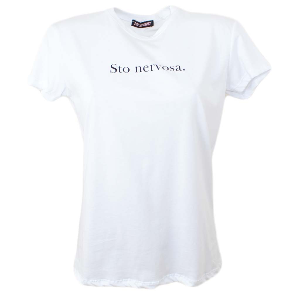 T-shirt donna basic bianca modello slim bianca con scritta STO NERVOSA cotone made in Italy