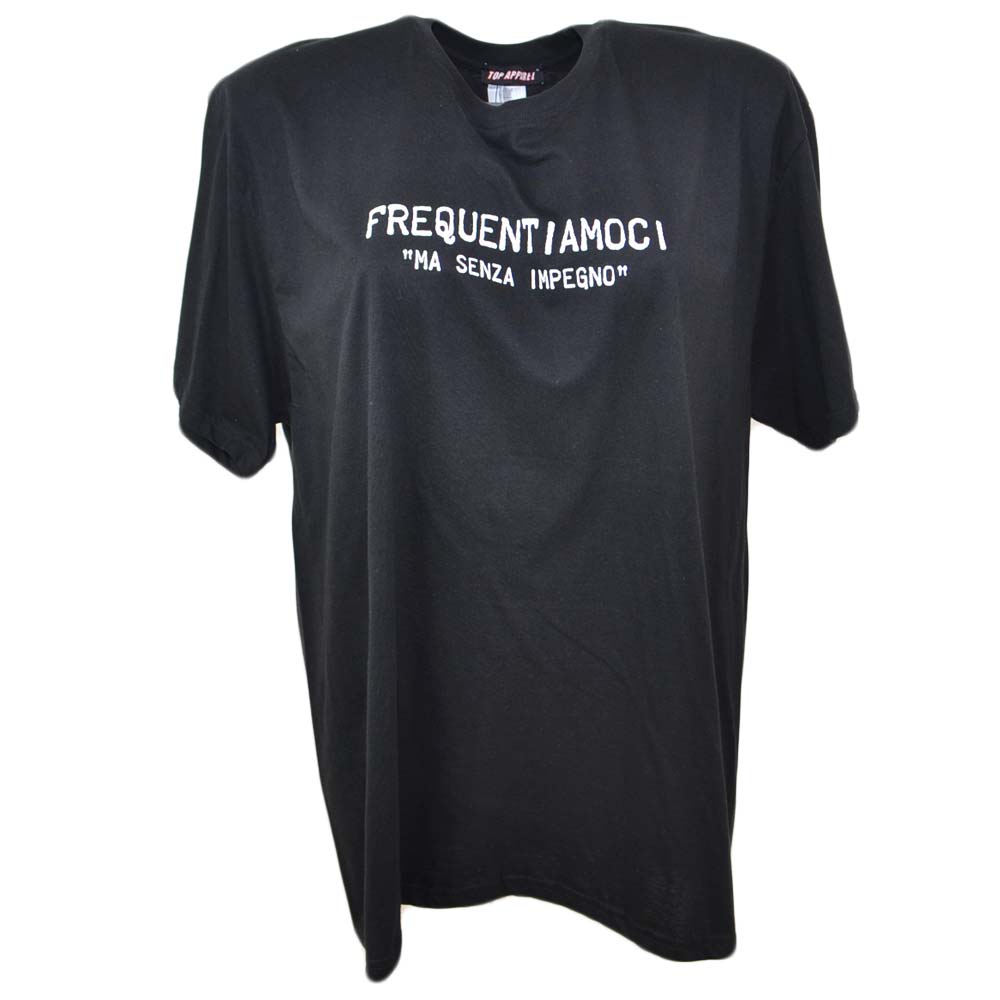 T-shirt donna basic modello over nera con scritta 'frequentiamoci ma senza impegno' cotone made in italy