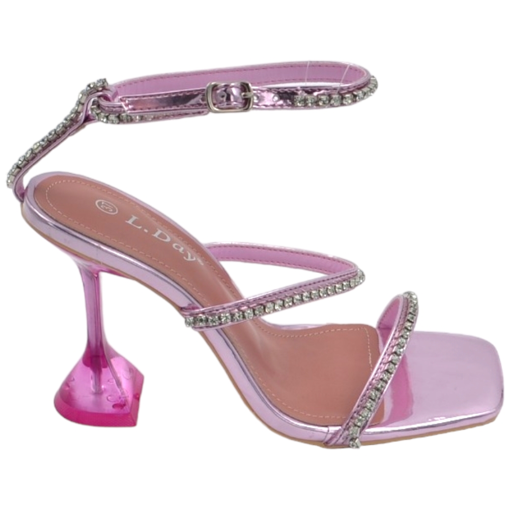 Sandali donna cerimonia a 3 fasce piede nudo con cavigliera glicine  brillantini tacco trasparente 10 martini elegante 