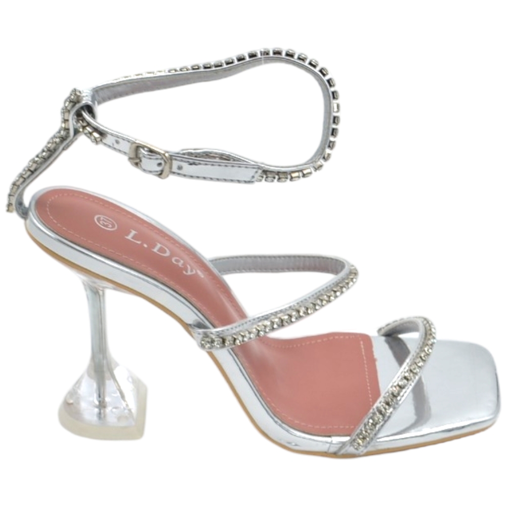 Sandali donna cerimonia a 3 fasce piede nudo con cavigliera argento brillantini tacco trasparente 10 martini elegante