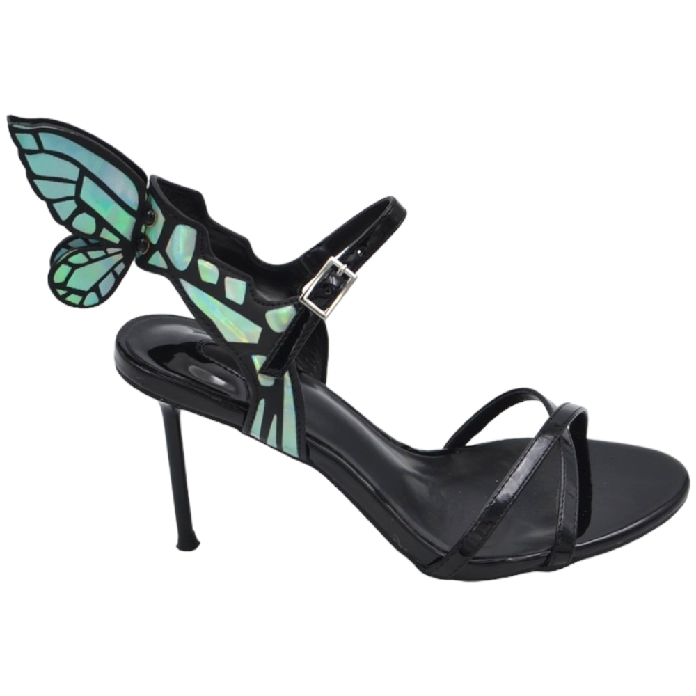 Sandalo tacco donna vernice nero lucido con cinturino alla caviglia farfalla dietro effetto specchio tacco alto 12.