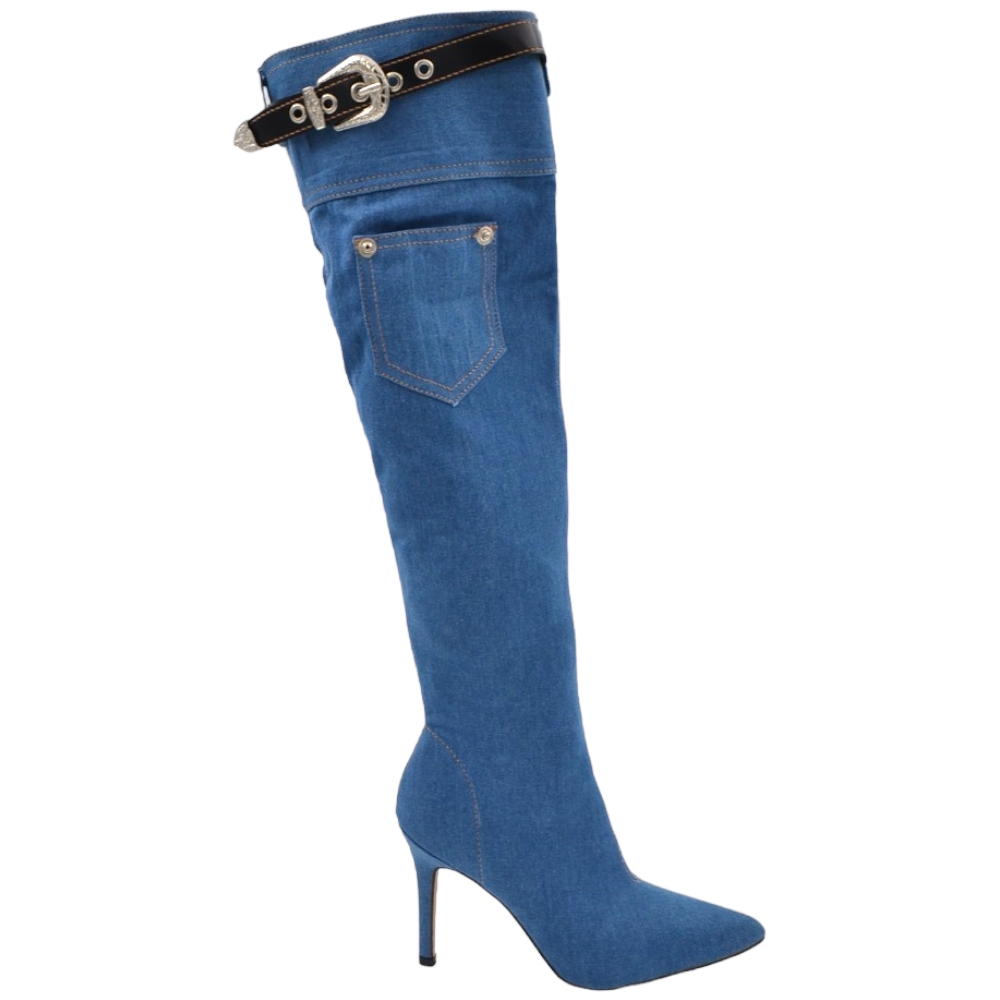 Stivali donna alti in jeans denim con tacco a spillo 1o sopra al ginocchio con fibbia rimovibile zip sexy moda anni 2000