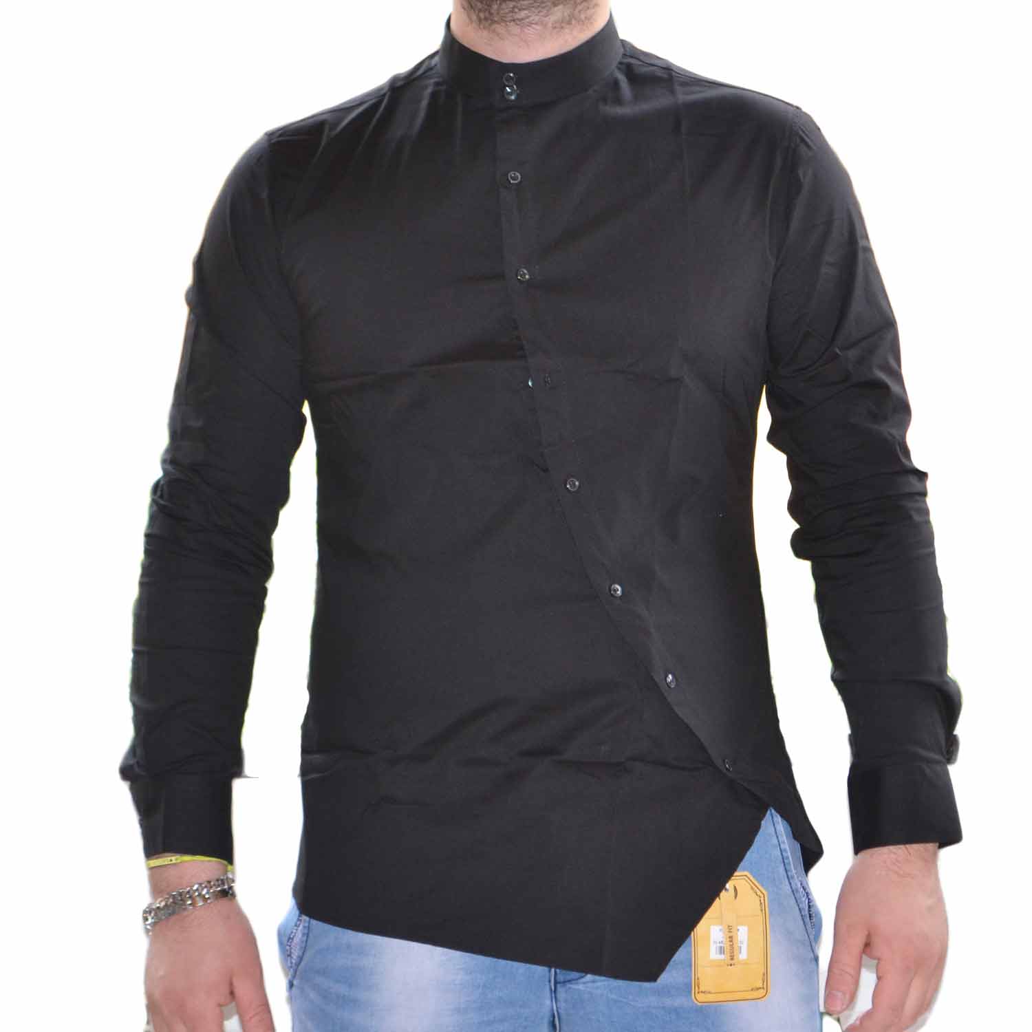 camicia uomo slim coreana curva nero 100% cotone made in italy collo aperto