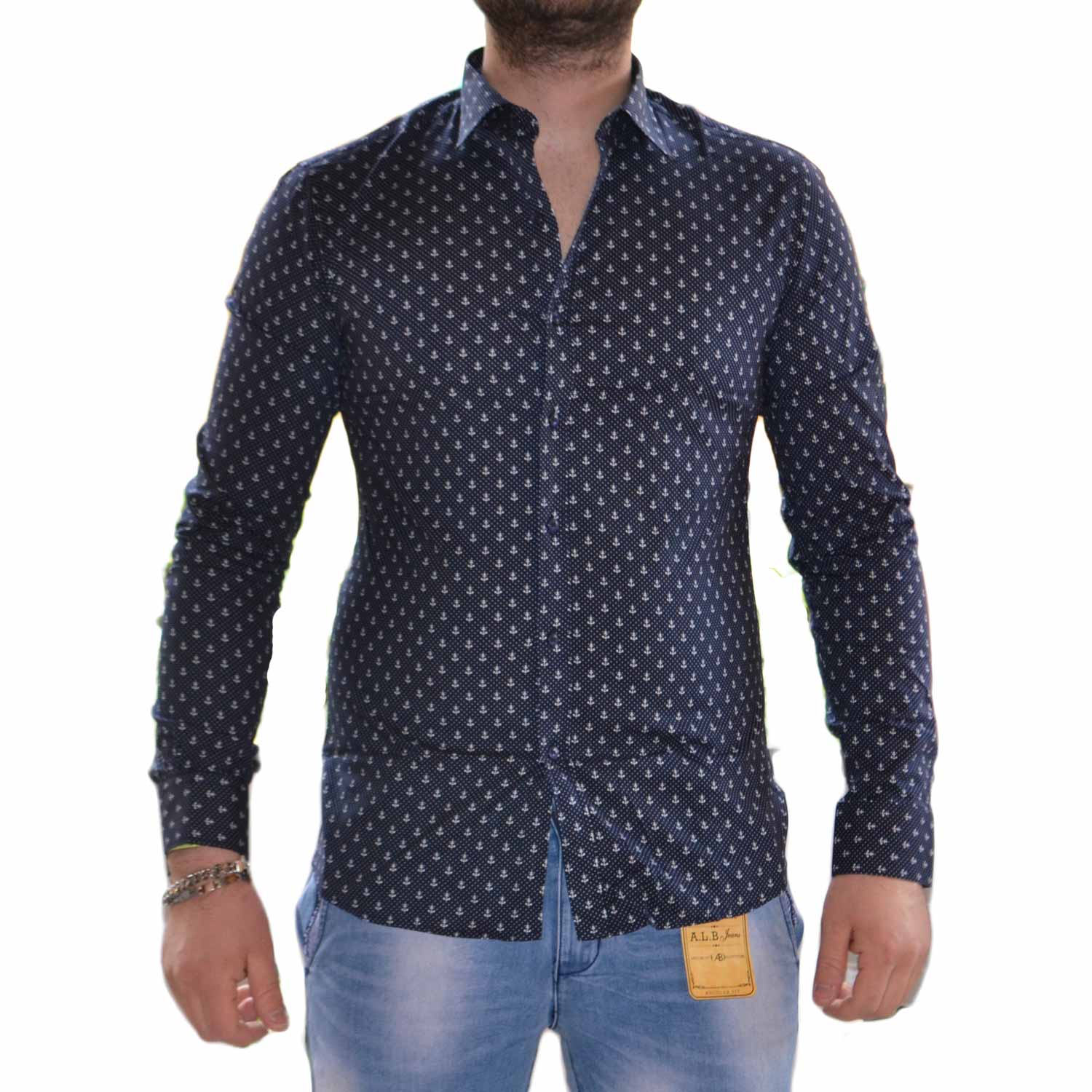 Camicia Ancora Uomo Manica Lunga Cotone Pois Casual Regular