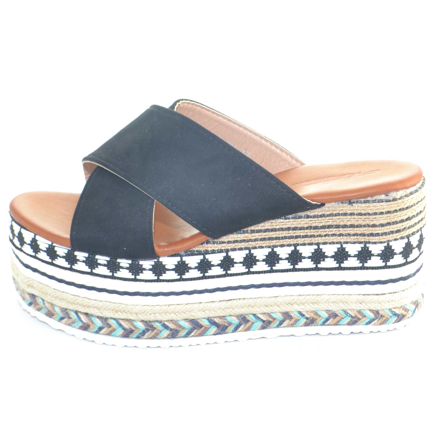 Zeppa donna estiva con fondo in spago decorato e ricamato fasciatura nera a incrocio basic comfort suola morbidone