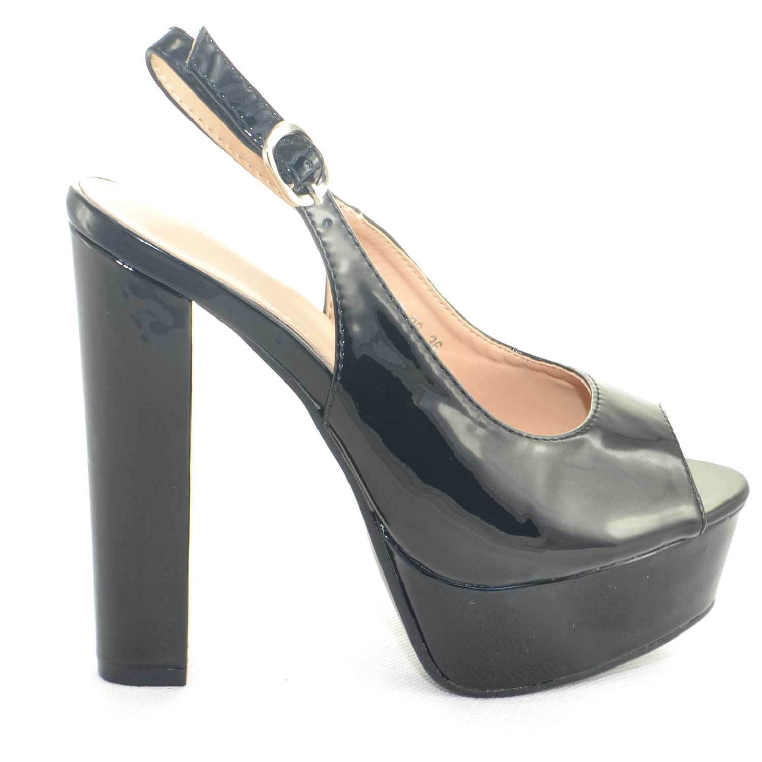 Sandalo donna alto nero lucido allacciatura cinturino open toe con plateau e tacco largo cerimonia moda comfort