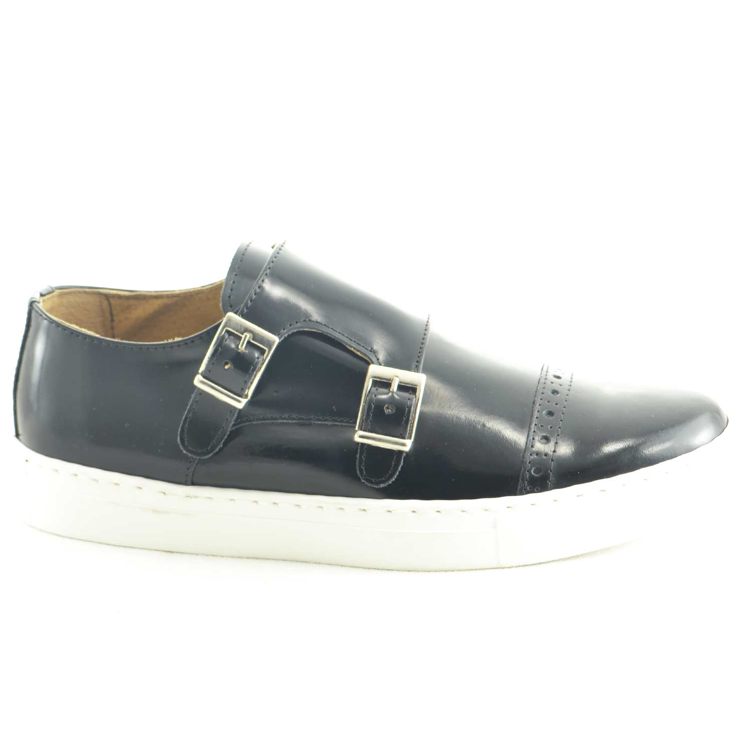 SCARPE UOMO CLASSICO SPORTIVO DOPPIA FIBBIA VERA PELLE NERO FONDO BIANCO MADE IN ITALY MODA ELEGANTE GIOVANILE