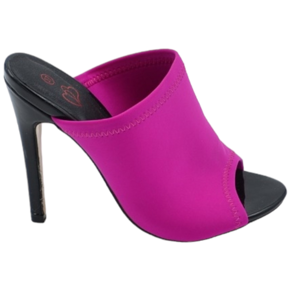 Sandalo sabot donna mules open toe spuntato fucsia licra con tacco a spillo 12 cm comodo aderente linea basic.