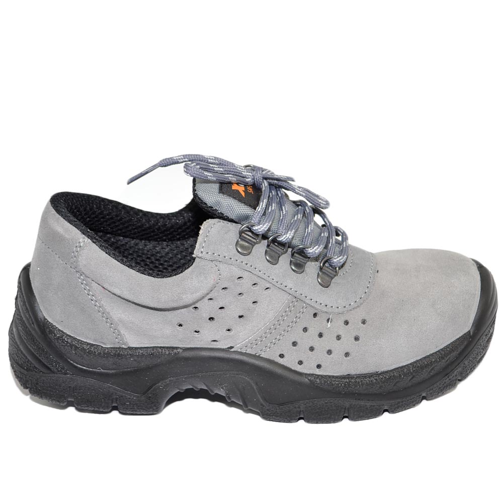 Scarpe da lavoro uomo antinfortunistiche basse in pelle grigio antiscivolo aggrappante con puntale in acciaio resistente.