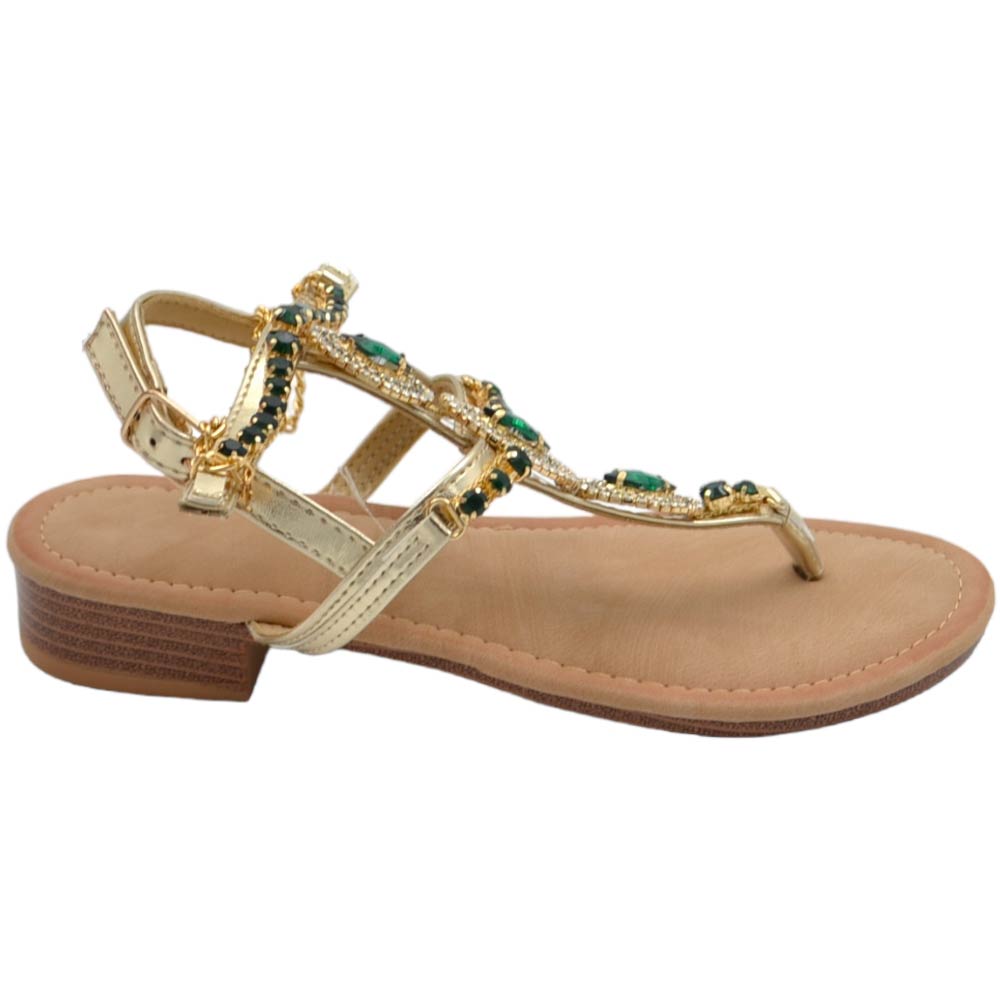 Sandalo basso donna infradito con cavigliera gioiello oro pietre colorate verdi interno morbido tacco 2 cm
