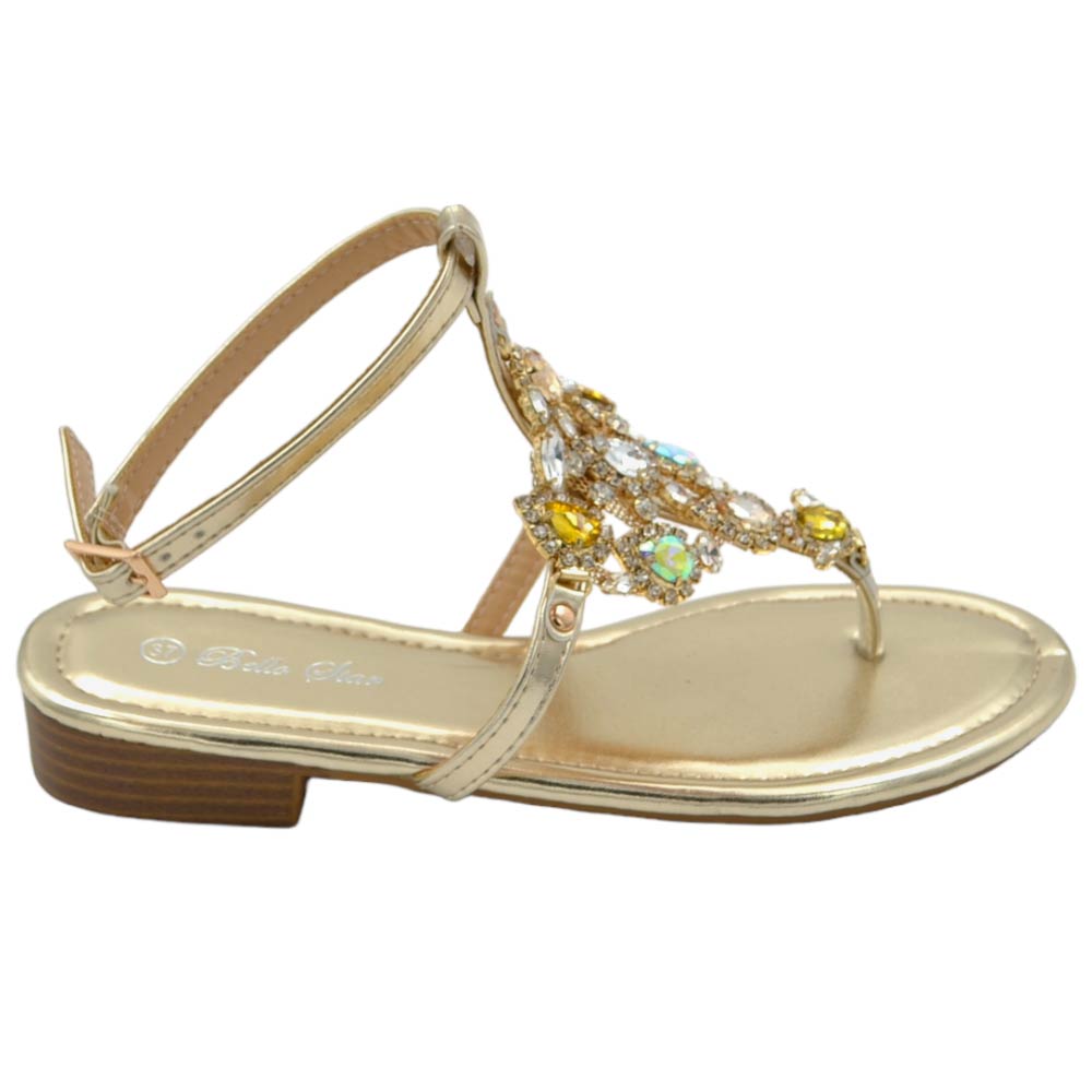 Sandalo basso donna infradito con cavigliera gioiello oro pietre colorate interno morbido tacco 2 cm