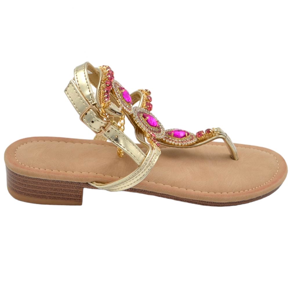 Sandalo basso donna infradito con cavigliera gioiello oro pietre colorate fucsia interno morbido tacco 2 cm