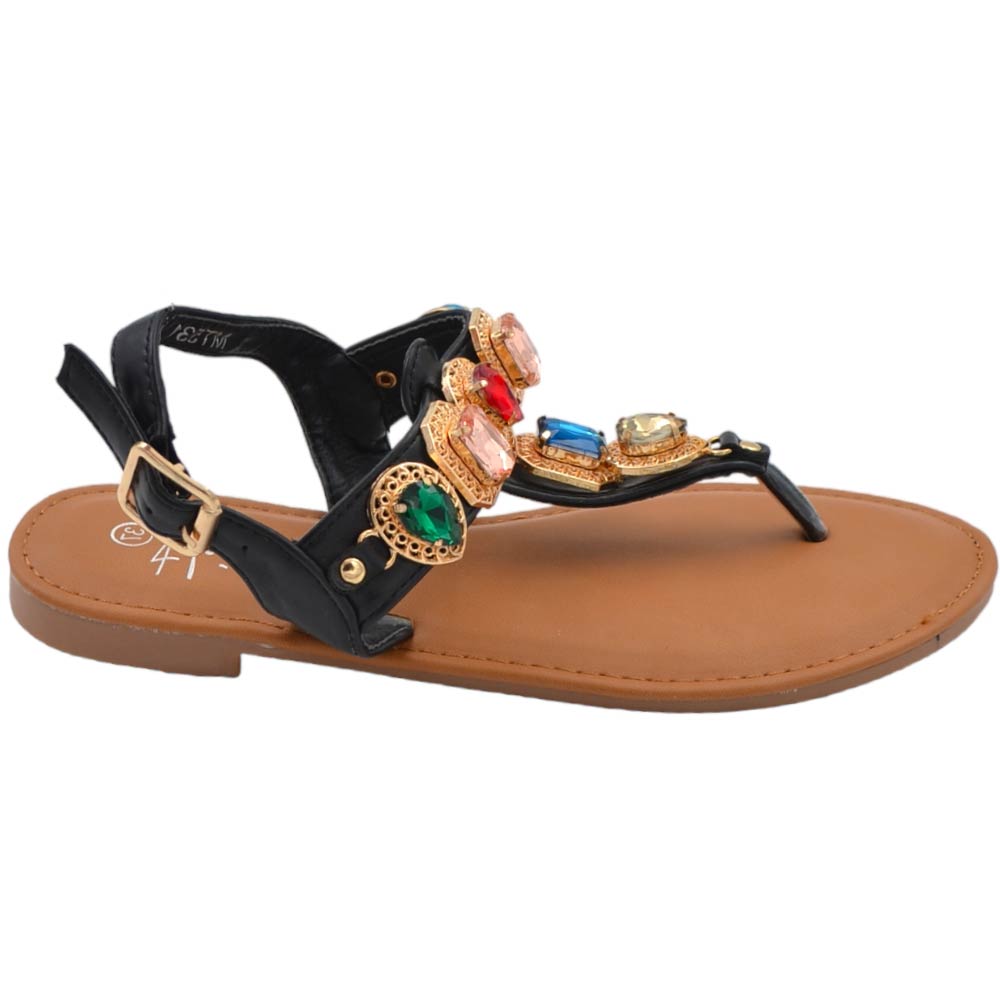Sandalo gioiello basso donna infradito morbido dentro nero pietre colorate tacco 1 cm regolabile antiscivolo