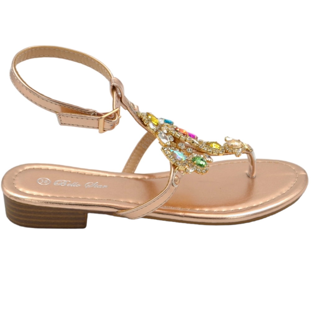 Sandalo basso donna infradito con cavigliera gioiello oro rosa pietre colorate interno morbido tacco 2 cm
