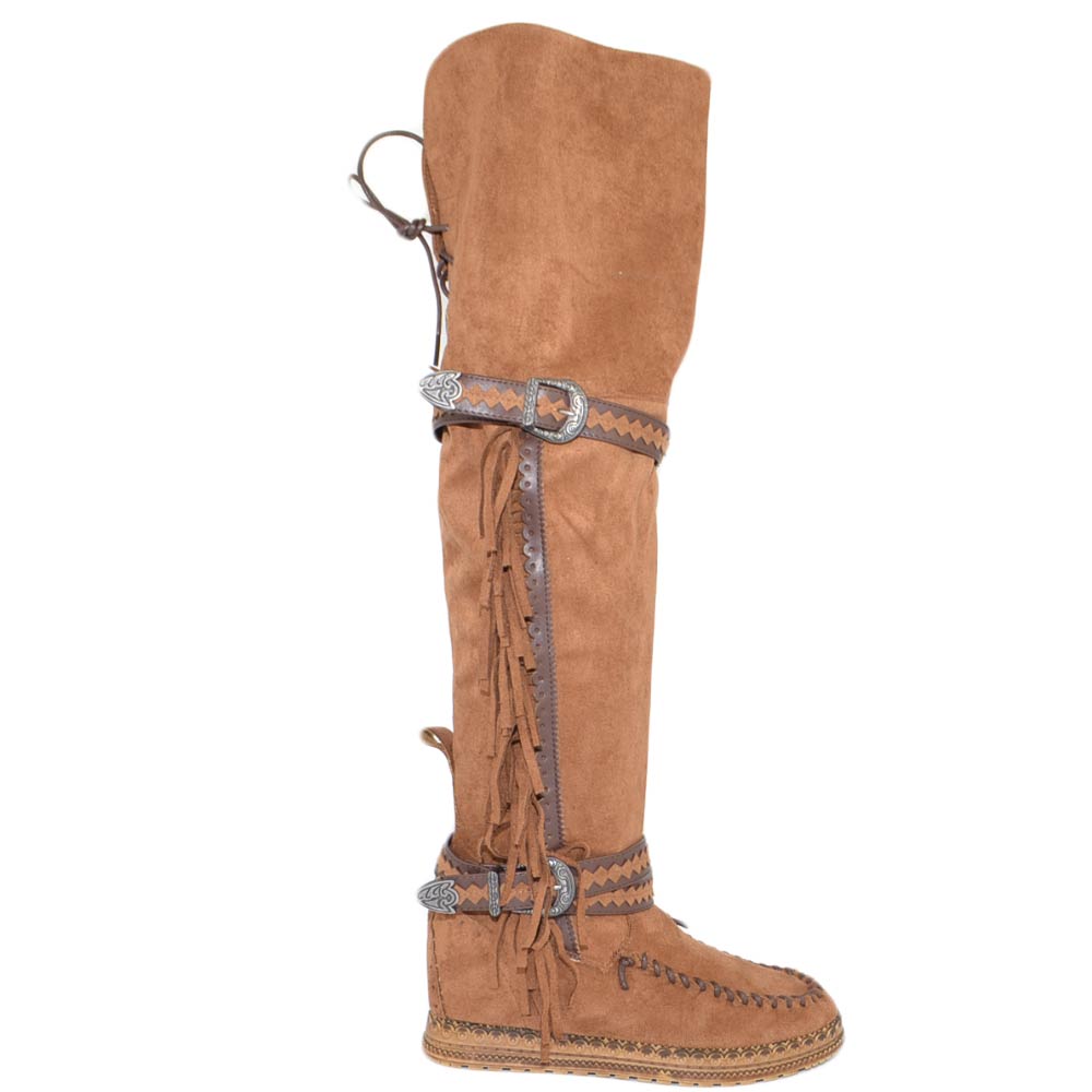 Stivali donna indianini cuoio scamosciati alti sopra al ginocchio frange zeppa interna 5 cm cinturino fibbia moda