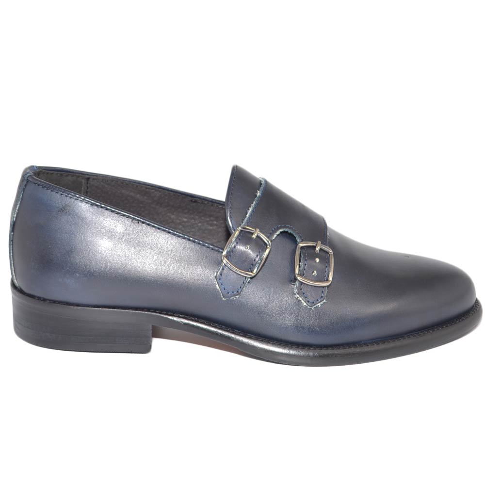 Scarpe uomo mocassino con fibbia doppia blu sottile derby vintage in vera pelle crust slip on business fondo vero cuoio.