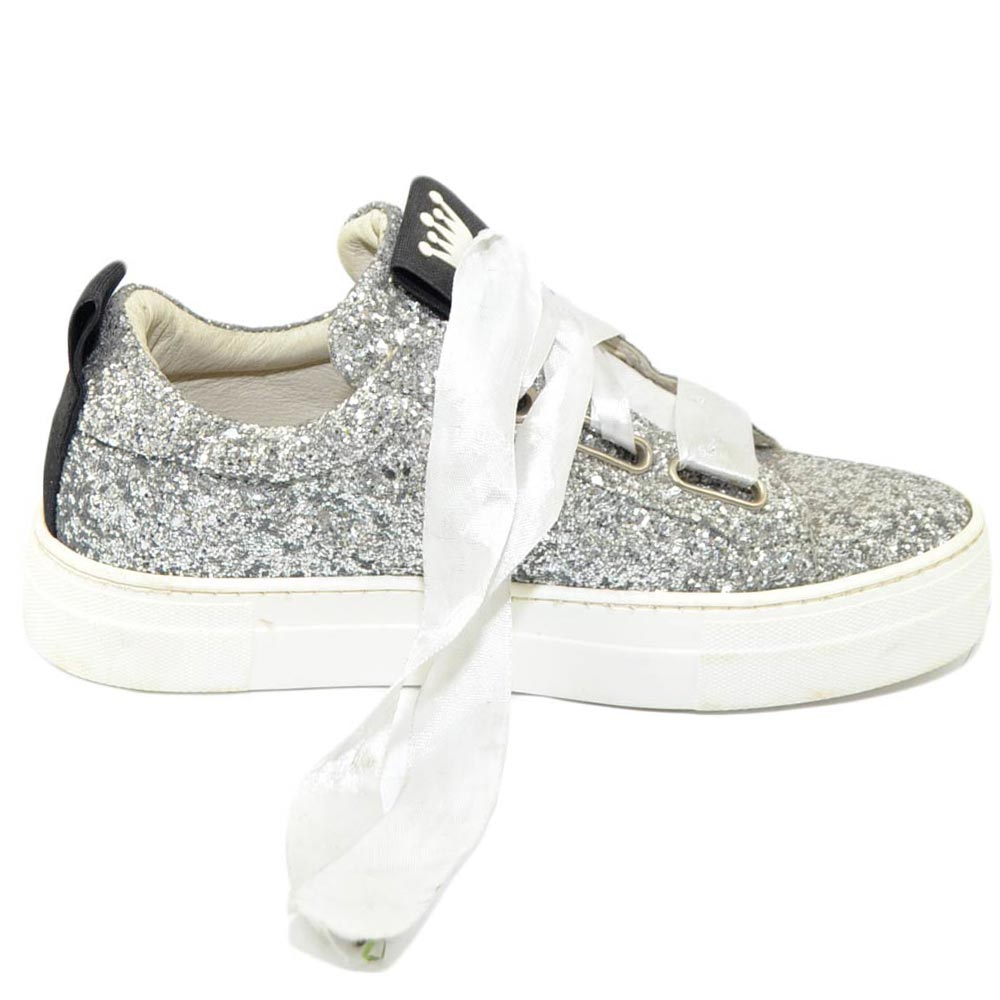 Sneaker donna glitterata argento vera pelle chiusura nastri made in italy risvoltabili fondo bianco alto glamour