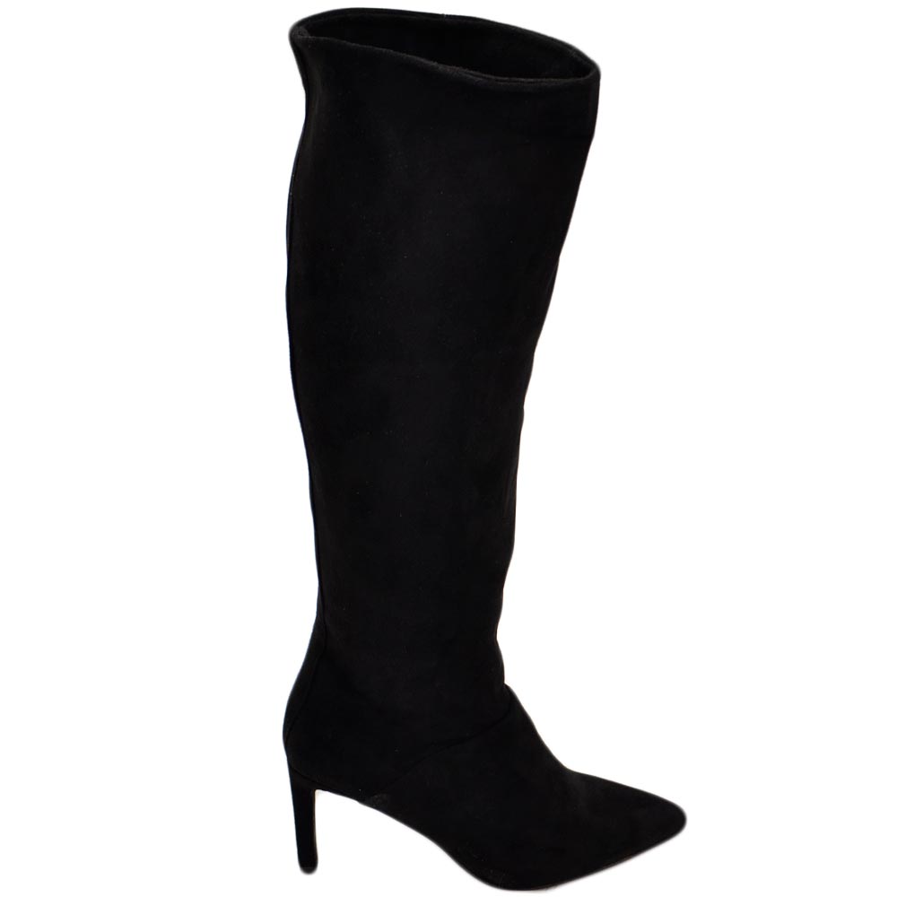 Stivali alti donna al ginocchio in ecopelle scamosciata nero punta tacco spillo 6 cm zip lunga morbido moda linea Basic.