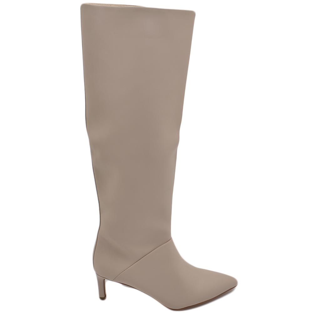 Stivali alti donna al ginocchio in pelle beige a punta tacco a spillo 6 cm zip lunga aderente moda linea Basic.