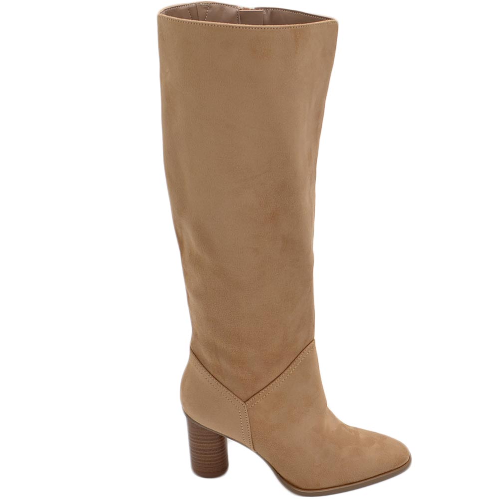 Stivali camperos donna in camoscio cuoio altezza ginocchio lisci con tacco Texano legno 7 cm rotondo moda zip.