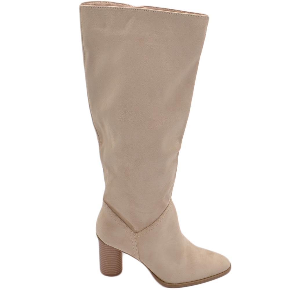 Stivali camperos donna in camoscio beige altezza ginocchio lisci con tacco Texano legno 7 cm rotondo moda zip
