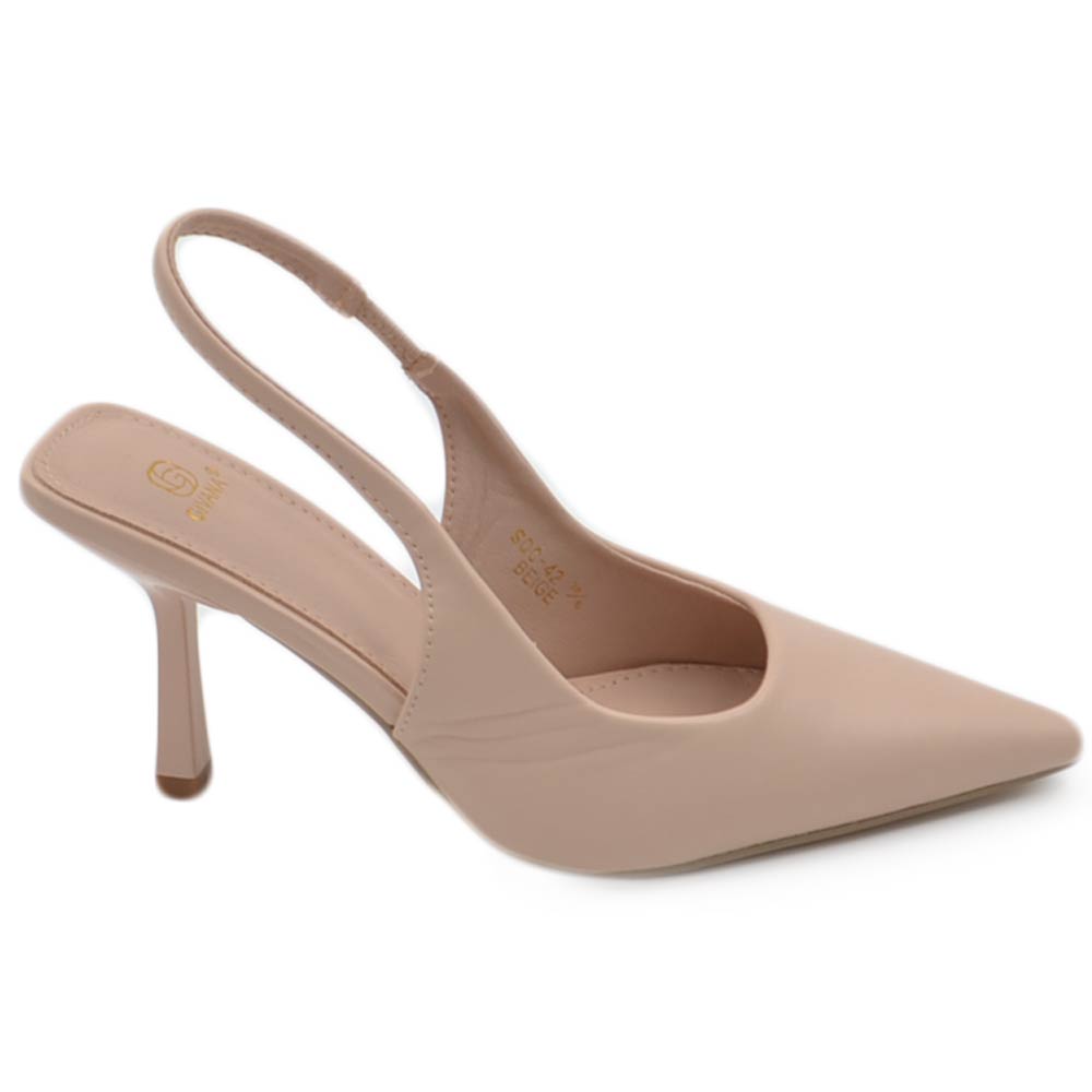 Scarpe decollete slingback donna elegante punta in ecopelle opaca beige tacco 10 cm cerimonia cinturino retro tallone.