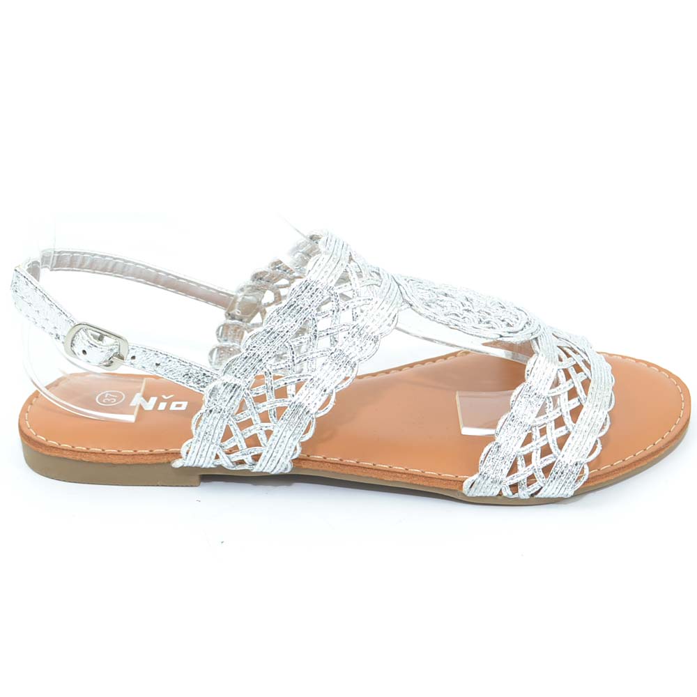 Sandalo donna positano argento linea basic  texture uncinetto cinturino retro suola antiscivolo morbida cuscinetto moda