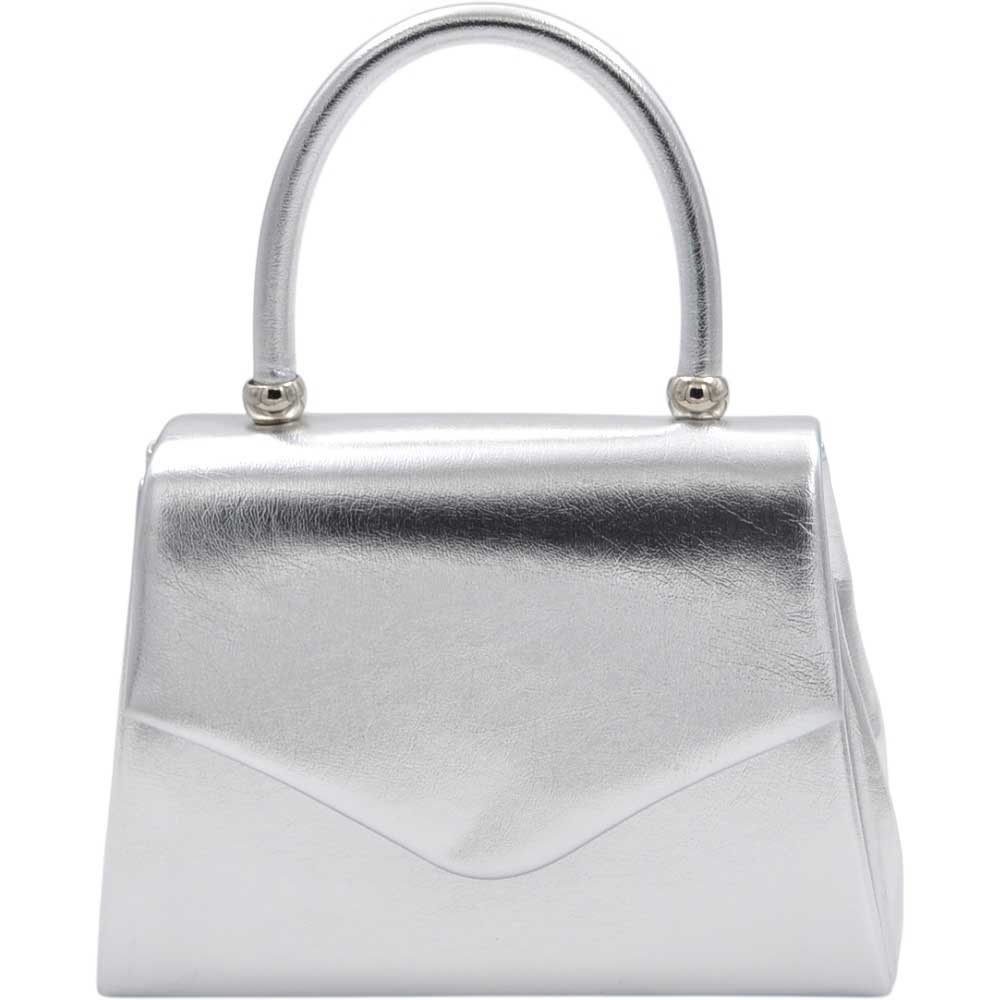 Borsa pochette donna rigida effetto graffiato argento con manico rigido a C tono su tono.